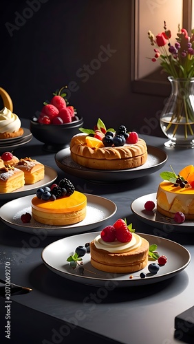 A table set with various desserts and fruits