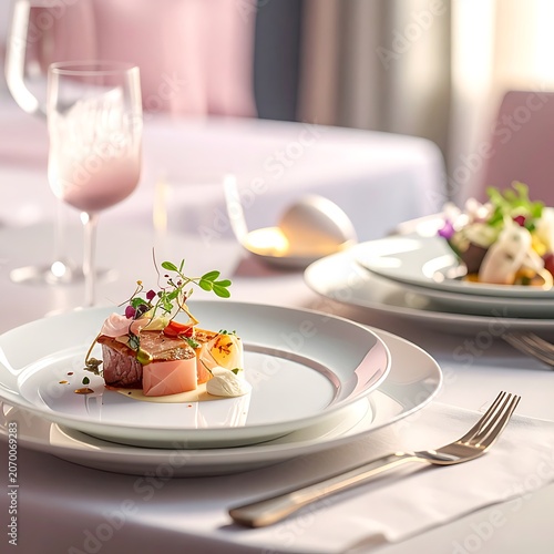 A table setting with two plates of food and glasses