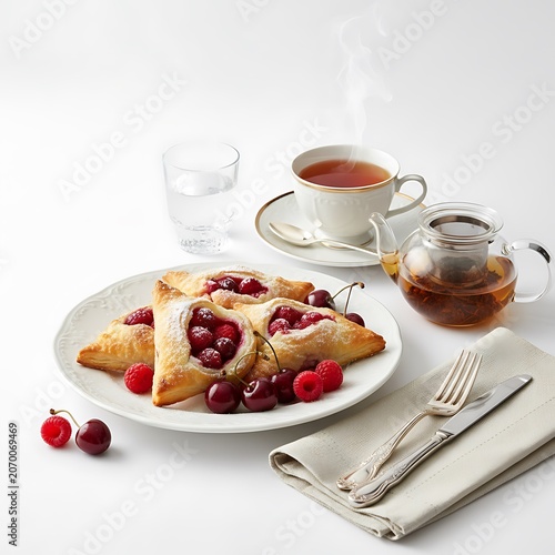 Assorted puff pastries with berry filling served with hot tea. Traditional sweet breakfast concept featuring homemade baked goods and fresh ingredients.