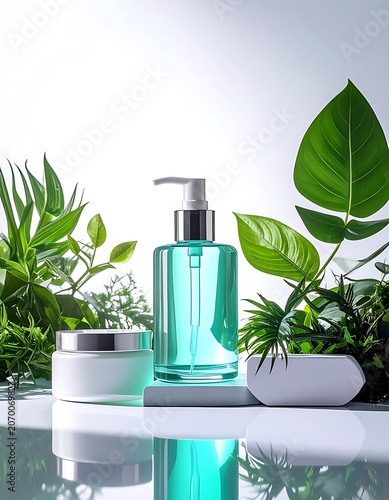 Cosmetic products on a white surface surrounded by green plants