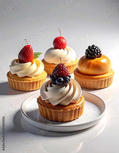 Four assorted tarts with whipped cream and berries on a plate