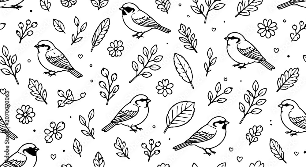 Fototapeta premium Elegant bird and leaf pattern in black and white.