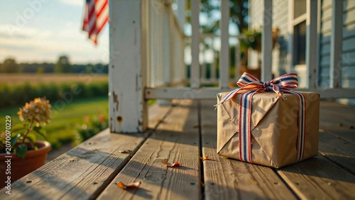 Patriotic gift box with ribbon on rustic farmhouse porch
