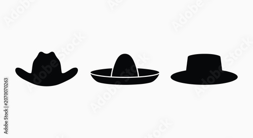 Εκτύπωση καμβά Three assorted hats in black silhouette against a white background showcasing di