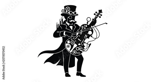 Musician with a mechanical instrument performs in a unique steampunk style costume.