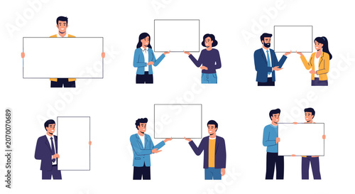Diverse group of professional people holding blank white placards and horizontal banners for custom text or advertising messages.