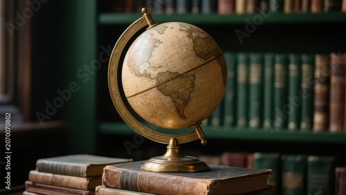 Vintage brass antique world globe placed on old leather books, dark warm study with bookshelves, retro humanities still life photography material