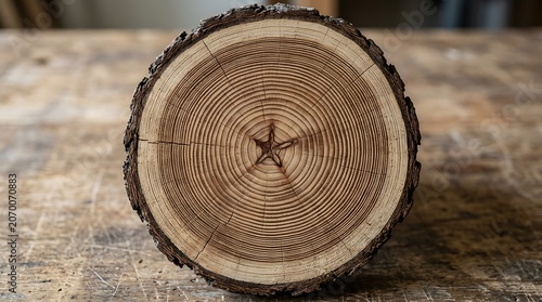 Tree trunk cross-section with annual rings on wooden table