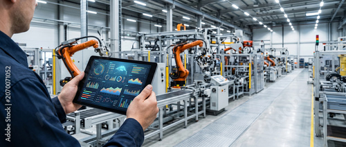Engineer holding tablet monitoring robotic arms in smart factory