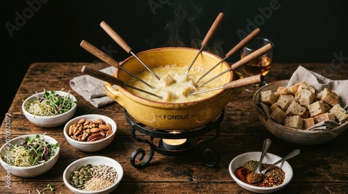 Hearty Cheese Fondue Served Warm in a Rustic Pot With Dipping Accessories and Accompaniments