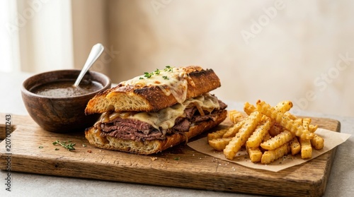 Hearty French Dip Sandwich With Melted Cheese And Crispy Fries Served On Wooden Board