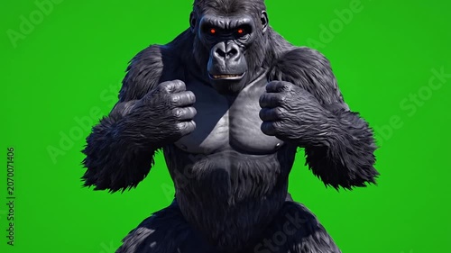 A large silverback primate stands against a bright green background