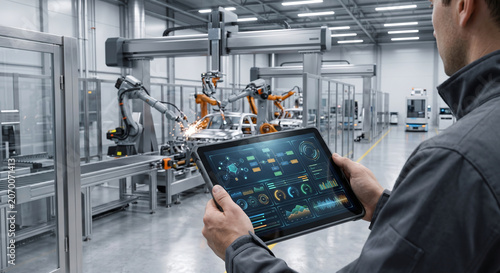 Engineer holding tablet monitoring robotic arms in smart factory