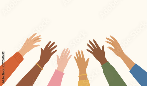 Fotografie Minimalist vector art featuring colorful diverse hands raised together, representing harmony, inclusion, and unity among people, with clean lines, modern composition, and meaningful artwork