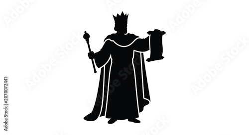Schilderij op canvas King holding scepter and scroll detailed black silhouette against a white backgr