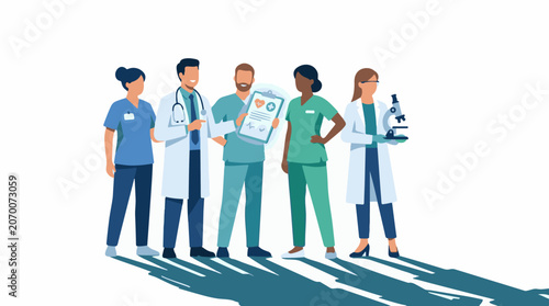 A diverse group of medical professionals with various roles