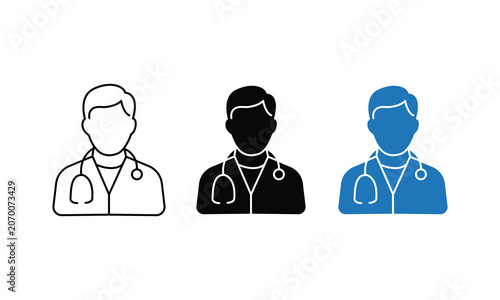 Doctor Icon Set – Black Outline and Color Vector Collection Representing Medical Professional, Healthcare, and Hospital Design