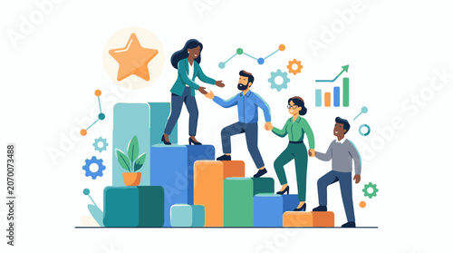 A diverse group of people helping each other climb a colorful bar graph