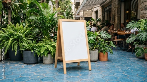Wooden a-frame sign standing on a blue tiled patio surrounded by lush tropical plants for cafe and restaurant menu marketing
