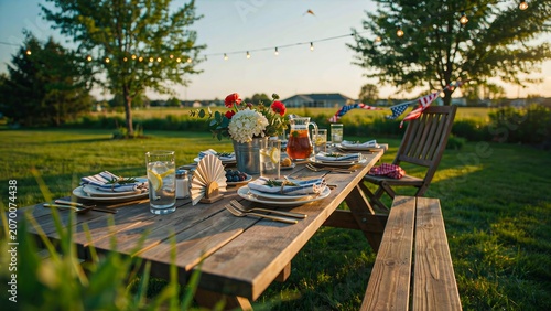 Outdoor countryside dining table setup for summer gathering at sunset