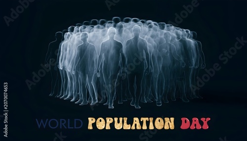 World population day concept with transparent human silhouettes standing together