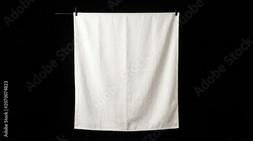 White linen towel hanging vertically against a dark black background in a minimalist studio shot for textile branding and product mockup design