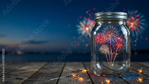 Festive fireworks reflected in glass jar on wooden pier at twilight