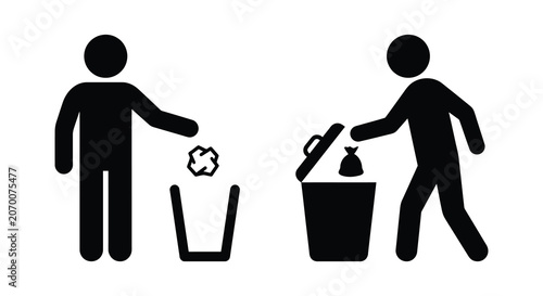 Fotografie Stick figure silhouettes depicting a person discarding trash into a waste bin bl
