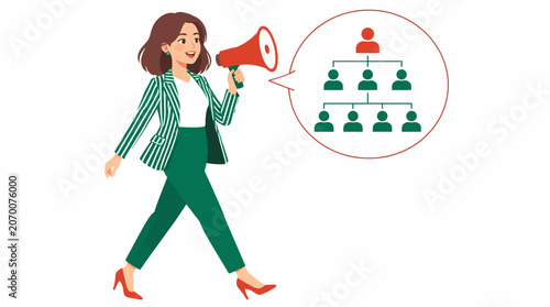 Businesswoman using megaphone to address team hierarchy.