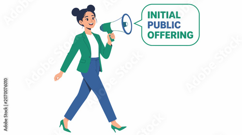 Businesswoman announcing initial public offering with megaphone.