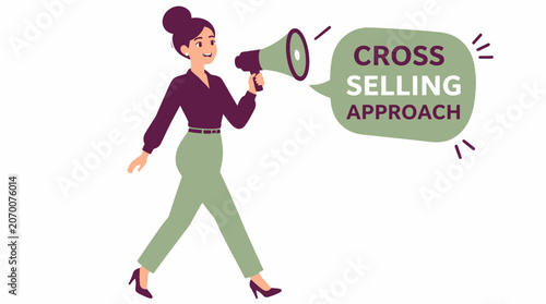 Businesswoman using megaphone for cross selling approach.