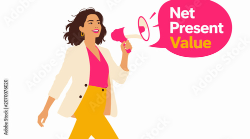 Businesswoman announcing net present value concept.
