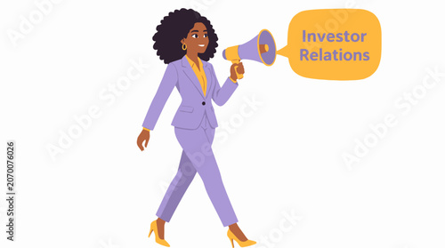 Businesswoman using megaphone for investor relations announcement.