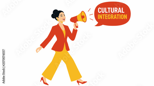 Woman with megaphone promoting cultural integration concept.