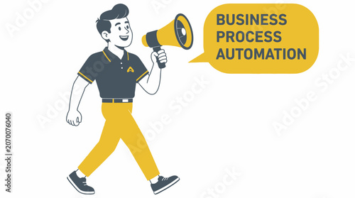 Cartoon man holding megaphone for business automation.