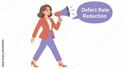 Businesswoman announcing defect rate reduction with megaphone.