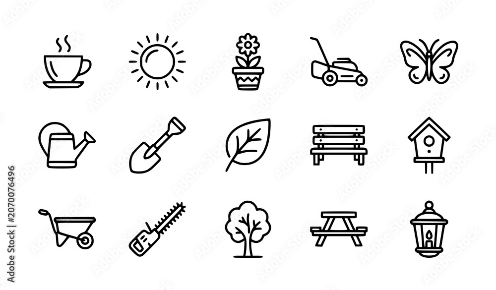 Fototapeta premium Thin Line Garden and Outdoor Lifestyle Icon Set with Cafe Sun Flower Pot Lawn Mower and Butterfly Vector Collection