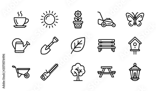 Cuadro en lienzo Thin Line Garden and Outdoor Lifestyle Icon Set with Cafe Sun Flower Pot Lawn Mo
