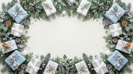 Festive Christmas gifts and greenery arranged in a decorative border on a light background