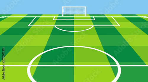 Vibrant green soccer field with white markings, showing perspective view and goalposts under a clear blue sky