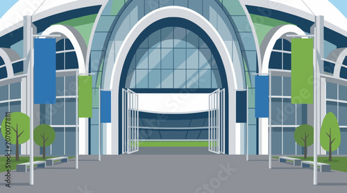 Modern Stadium Entrance Featuring Architectural Glass Facade and Decorative Banners in Urban Sports Complex Setting