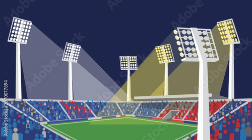 Vibrant stadium illuminated by floodlights at night, showcasing spectator seating in red and blue