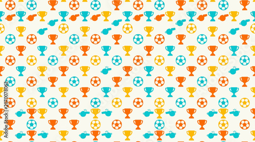 Seamless Vector Pattern with Colorful Soccer Balls and Champion Trophies for Sports Background