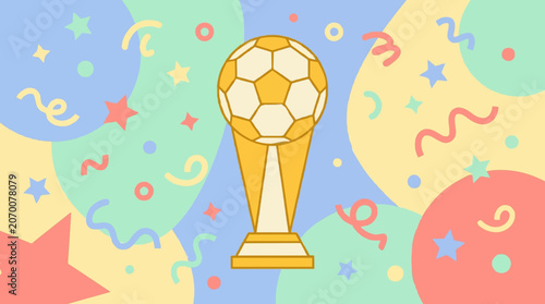 Golden soccer ball trophy illustration celebrating sports victory with colorful confetti stars and festive abstract background design