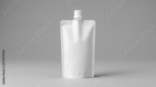Flexible spout pouch standing on gray studio background with clean lighting for liquid product packaging design