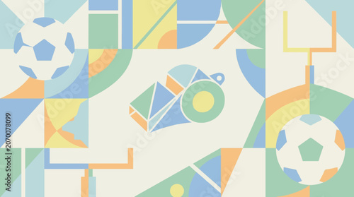 Geometric Abstract Design Featuring Soccer Balls, Goalposts, and a Whistle with a Pastel Color Palette