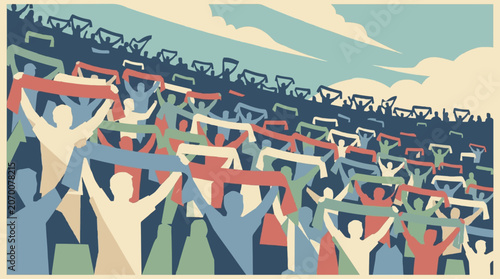 Retro poster illustration of soccer fans cheering in stadium holding up scarves