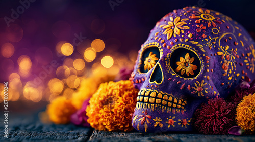 Purple skull adorned with golden flowers. Magenta hues glow softly behind. Marigolds rest beside skull on dark cloth. Festive, spiritual, and solemn atmosphere. Ceremonial theme evokes remembrance