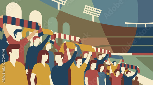 Crowd of Enthusiastic Sport Fans Cheering and Waving Scarves Inside a Large Stadium Arena for a Championship Match