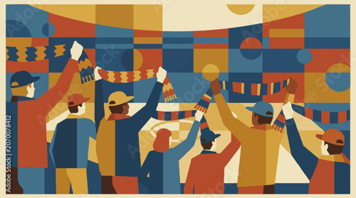 Group of Enthusiastic Sports Fans Cheering in Stadium with Raised Scarves and Colorful Mosaic Background Graphic Art